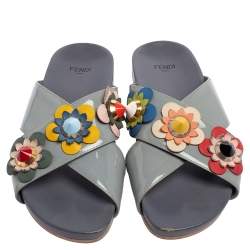 Pre Owned Fendi Grey Leather Flowerland Slide Sandals Size 37