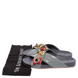Pre Owned Fendi Grey Leather Flowerland Slide Sandals Size 37