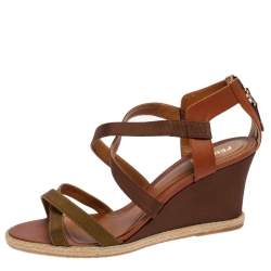 Pre Owned  Fendi Green/Brown Leather and Fabric Criss Cross Wedge Sandals Size 42