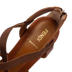 Pre Owned  Fendi Green/Brown Leather and Fabric Criss Cross Wedge Sandals Size 42