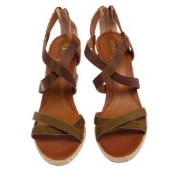 Pre Owned  Fendi Green/Brown Leather and Fabric Criss Cross Wedge Sandals Size 42