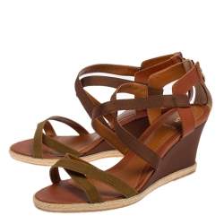 Pre Owned  Fendi Green/Brown Leather and Fabric Criss Cross Wedge Sandals Size 42