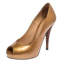 Pre Owned Fendi Metallic Beige Patent Leather Zucchino Heel Peep Toe Pumps Size 35