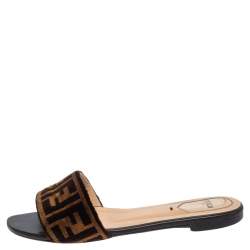 مملوكة مسبقًا Fendi Tobacco Zucca Velvet Flat Slide Sandals Size 38
