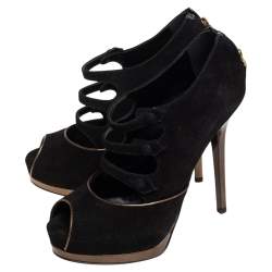 Fendi Black/Bronze Suede Victorian Peep Toe Platform Booties Size 38