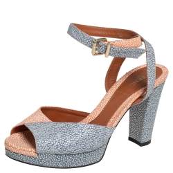 Pre Owned Fendi Blue/Orange Textured Leather Ankle Strap Platform Sandals Size 37.5