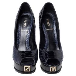 Pre Owned Fendi Navy Blue Python Embossed Leather Peep Toe Platform Pumps Size 37.5