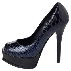 Pre Owned Fendi Navy Blue Python Embossed Leather Peep Toe Platform Pumps Size 37.5