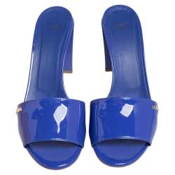Pre Owned Fendi Blue Patent Leather Open Toe Block Heel Slide Sandals Size 39