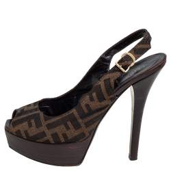 Pre Owned Fendi Tobacco Zucca Canvas Fendista Platform Slingback Sandals Size 38