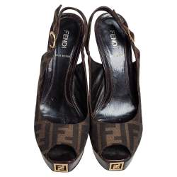 Pre Owned Fendi Tobacco Zucca Canvas Fendista Platform Slingback Sandals Size 38