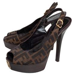 Pre Owned Fendi Tobacco Zucca Canvas Fendista Platform Slingback Sandals Size 38