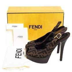 Pre Owned Fendi Tobacco Zucca Canvas Fendista Platform Slingback Sandals Size 38