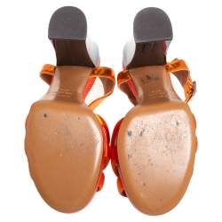 Pre Owned Fendi Orange Satin, Leather, and Lizard Embossed Ankle Strap Sandals Size 37.5