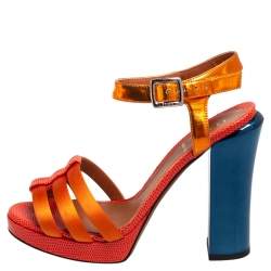 Pre Owned Fendi Orange Satin, Leather, and Lizard Embossed Ankle Strap Sandals Size 37.5