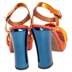 Pre Owned Fendi Orange Satin, Leather, and Lizard Embossed Ankle Strap Sandals Size 37.5