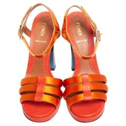 Pre Owned Fendi Orange Satin, Leather, and Lizard Embossed Ankle Strap Sandals Size 37.5
