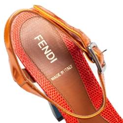 Pre Owned Fendi Orange Satin, Leather, and Lizard Embossed Ankle Strap Sandals Size 37.5