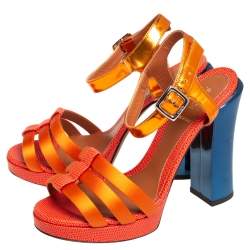 Pre Owned Fendi Orange Satin, Leather, and Lizard Embossed Ankle Strap Sandals Size 37.5