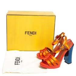 Pre Owned Fendi Orange Satin, Leather, and Lizard Embossed Ankle Strap Sandals Size 37.5