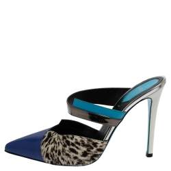Fendi Multicolor Leather And Calf Hair Roma Mules Sandals Size 38