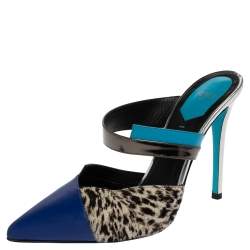 Fendi Multicolor Leather And Calf Hair Roma Mules Sandals Size 38