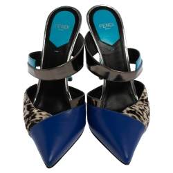 Fendi Multicolor Leather And Calf Hair Roma Mules Sandals Size 38