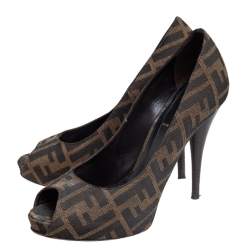 Pre Owned Fendi Tobacco Zucca Canvas Peep Toe Pumps Size 38