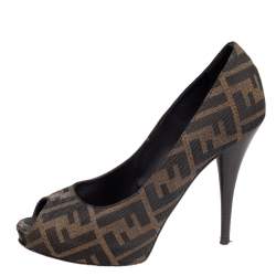 Pre Owned Fendi Tobacco Zucca Canvas Peep Toe Pumps Size 38