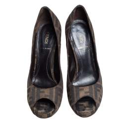 Pre Owned Fendi Tobacco Zucca Canvas Peep Toe Pumps Size 38