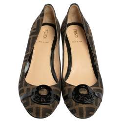 Pre Owned Fendi Tobacco Zucca Canvas and Patent Leather Wedge Pumps Size 40