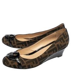 Pre Owned Fendi Tobacco Zucca Canvas and Patent Leather Wedge Pumps Size 40