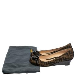 Pre Owned Fendi Tobacco Zucca Canvas and Patent Leather Wedge Pumps Size 40