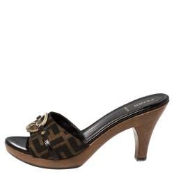 Pre Owned Fendi Brown Zucca Canvas Block Heel Mule  Sandals Size 37.5
