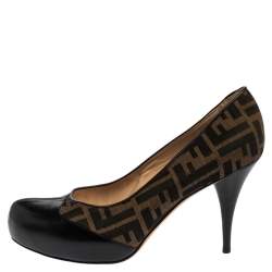 Pre Owned Fendi Brown/Black Zucca Canvas And Leather Pumps Size 40