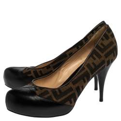 Pre Owned Fendi Brown/Black Zucca Canvas And Leather Pumps Size 40