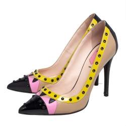 Pre Owned Fendi Multicolor Leather and Patent Leather Monster Eyes Studded Pointed Toe Pumps Size 37