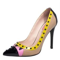 Pre Owned Fendi Multicolor Leather and Patent Leather Monster Eyes Studded Pointed Toe Pumps Size 37