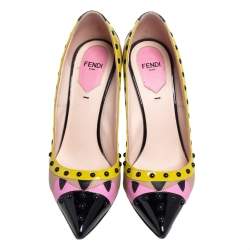 Pre Owned Fendi Multicolor Leather and Patent Leather Monster Eyes Studded Pointed Toe Pumps Size 37