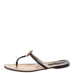 Fendi Black Patent Leather Thong Flat Sandals Size 40