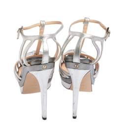 Pre Owned Fendi Silver Leather Strappy T Strap Platform Sandals Size 37