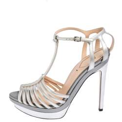 Pre Owned Fendi Silver Leather Strappy T Strap Platform Sandals Size 37