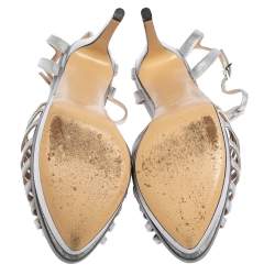 Pre Owned Fendi Silver Leather Strappy T Strap Platform Sandals Size 37