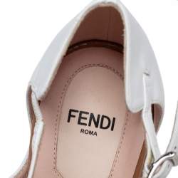 Pre Owned Fendi White/Brown Cut Out Patent and Leather Sculpted Heel Sandals Size 38.5