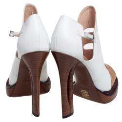 Pre Owned Fendi White/Brown Cut Out Patent and Leather Sculpted Heel Sandals Size 38.5