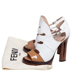 Pre Owned Fendi White/Brown Cut Out Patent and Leather Sculpted Heel Sandals Size 38.5
