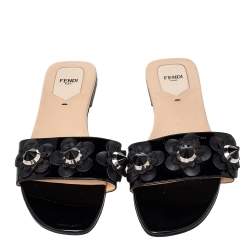 Pre Owned Fendi Black Patent Leather Embellished Flat Slides Size 40 