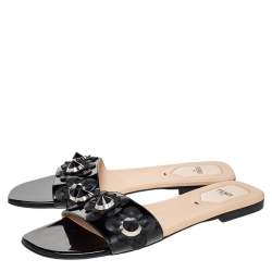 Pre Owned Fendi Black Patent Leather Embellished Flat Slides Size 40 