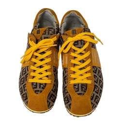 Pre Owned Fendi Brown/Yellow Zucca Canvas And Suede Low Top Sneakers Size 37.5