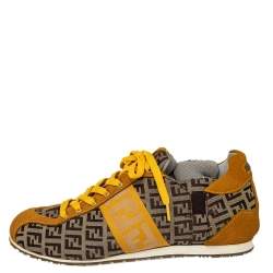 Pre Owned Fendi Brown/Yellow Zucca Canvas And Suede Low Top Sneakers Size 37.5
